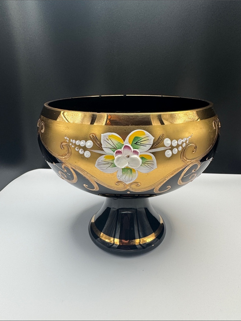 Decorative Black and Gold candy,cookie, Bowl with Hand-Painted Floral Accent